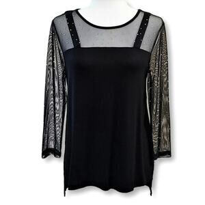 NWT Cable & Gauge Women's Mesh Yoke Rhinestone Hi-low Hem Blouse Top